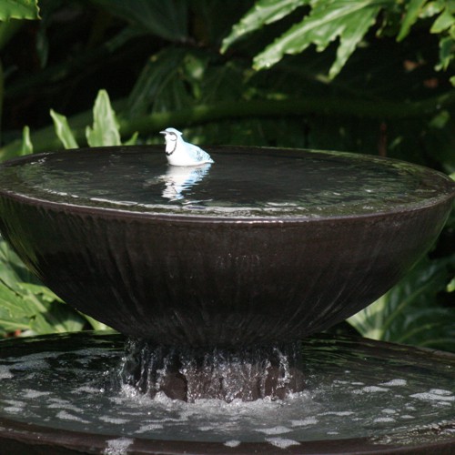 Detalle de la fuente de fibra de vidrio modelo Japonesa con un pajarito en el agua