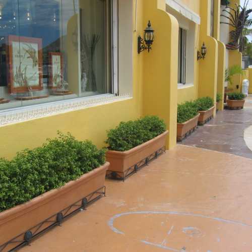 Jardineras largas de fibra de vidrio con ruedas en un restaurante en Los Cabos