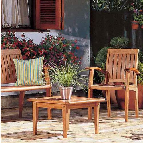 Banca de Jardin silla y mesita de madera Teka o Jatoba de la colección Plus de Tramontina fabricado en Brasil